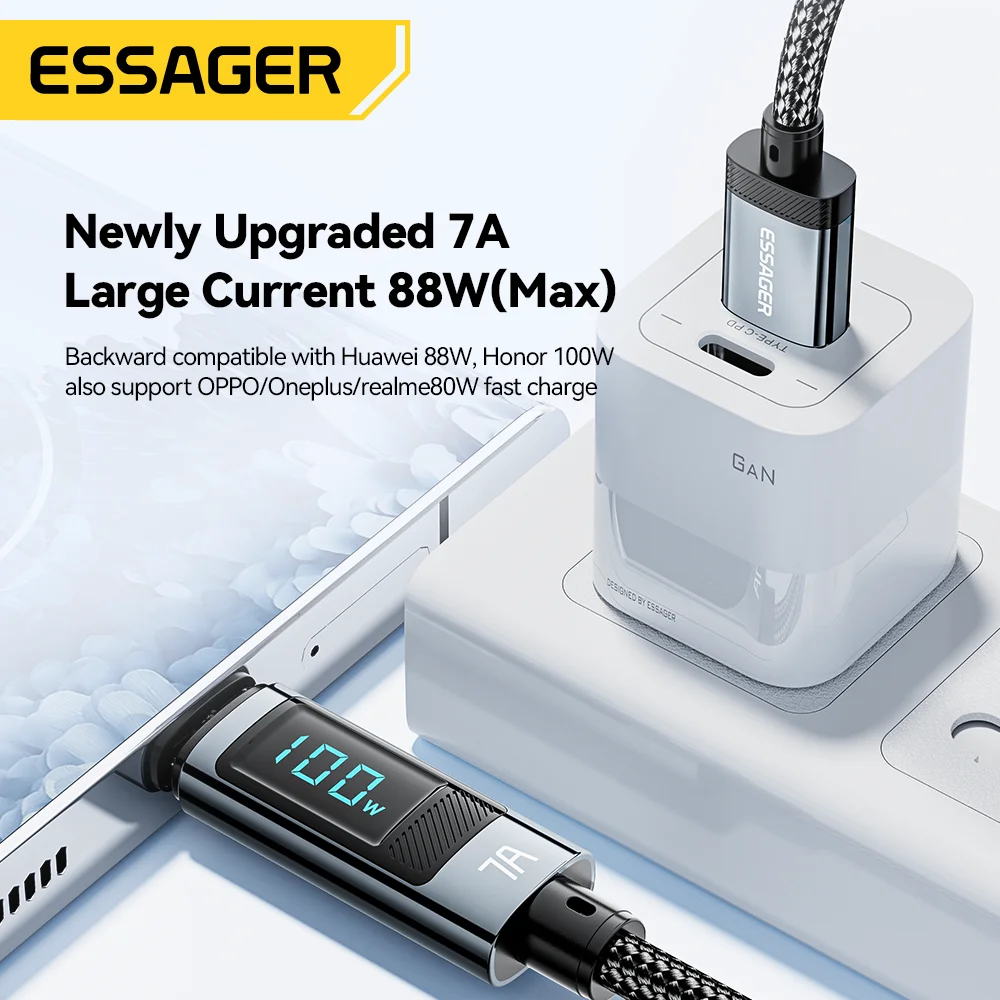 Essager 7A USB tipo C Cable 100W USB C cargador de datos para Realme Huawei P40 30 Pro 66W Cable de carga rápida Samsung Xiaomi Poco - imagen 3