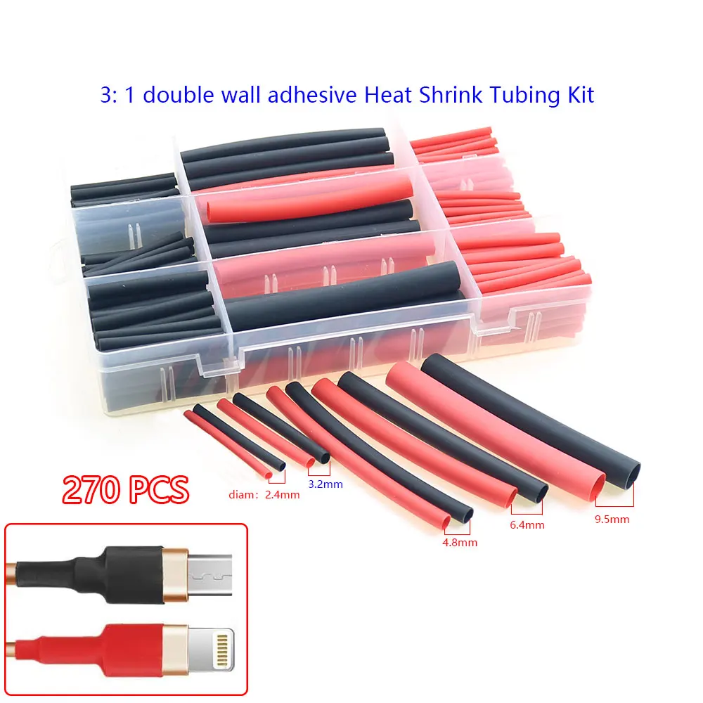 270 Uds 3: 1 Kit de tubos termorretráctiles adhesivos de doble pared manguito de aislamiento, tubo termorretráctil, envoltura de Cable - imagen 2