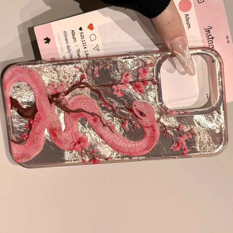 Funda de teléfono con ilustración de flor de ciruelo y serpiente rosa para iPhone 16 Pro Max 15 14 Plus 13 12 11 XS X XR 7 8 16 Plus SE 2022 16E - imagen 2