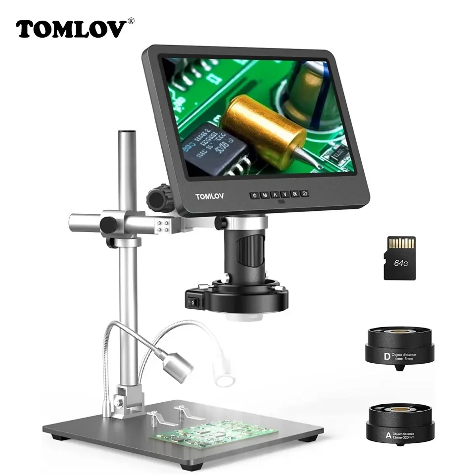 TOMLOV-Microscopio Digital DM602 Pro, dispositivo con HDMI, 2000X, 3 lentes, 10,1 pulgadas, IPS, LCD, para reparación de teléfonos, soldadura PCB, USB, vista de moneda