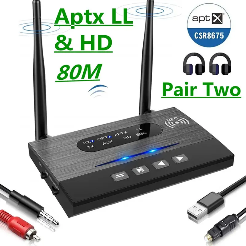 80M CSR8675 Aptx baja latencia HD Bluetooth 5,0 transmisor de Audio receptor SPDIF 3,5mm 3,5 AUX RCA adaptador inalámbrico para coche TV PC