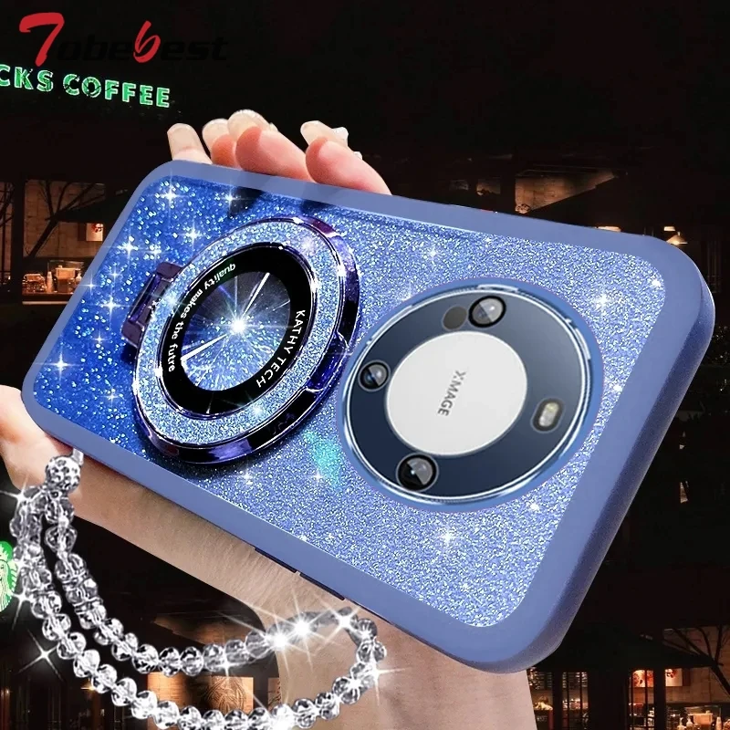 Funda de silicona con soporte Magsafe para Huawei Mate 60, 50, 40, 30, 20 Pro, pulsera de cristal brillante - imagen 4