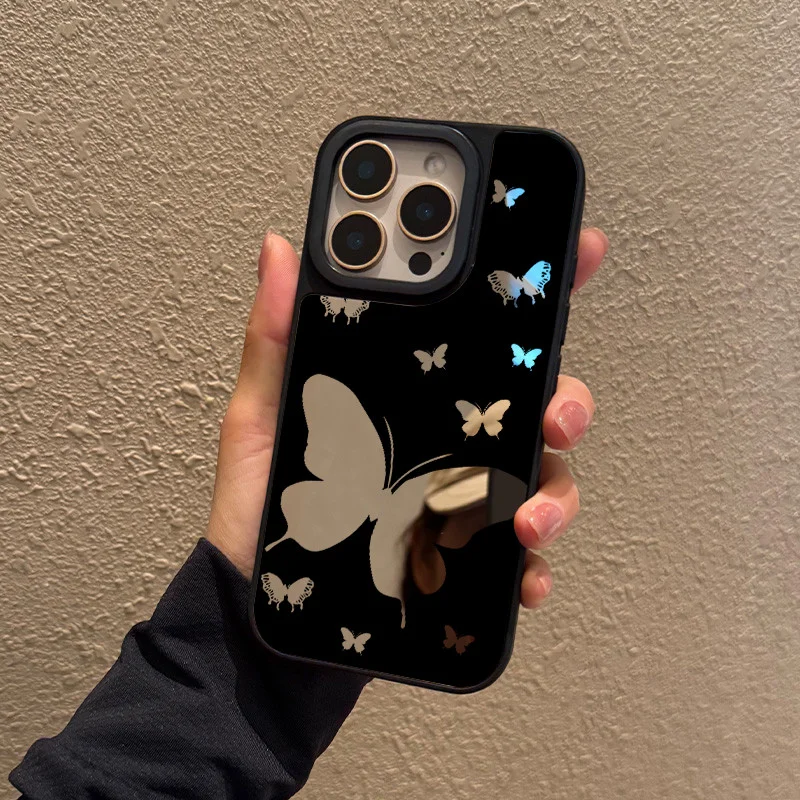 Funda para iphone 11 12 13 14 15 16 Pro Max Plus Series Funda de teléfono con espejo de tpu transparente con patrón de mariposa calado negro - imagen 2