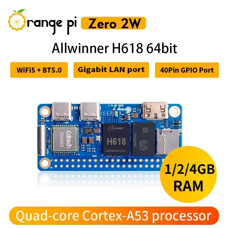 Orange Pi Zero 2W 1GB 1,5GB 2GB 4GB RAM DDR4 Mini PC Allwinner H618 Orange Pi Zero 2W WiFi Bluetooth SBC ordenador de placa única