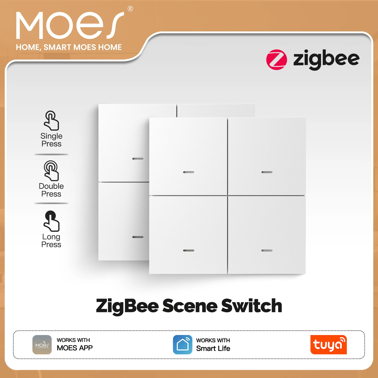 MOES ZigBee-interruptor de escena inalámbrico de 4 entradas, botón pulsador, mando a distancia, alimentado por batería, aplicación Tuya Smart Life