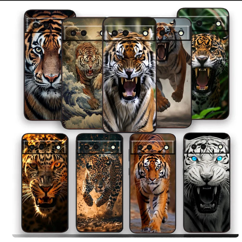 Tiger Fierce Funda de teléfono a prueba de golpes, carcasa de silicona negra, arte terrorífico para Google Pixel 9, 8, 7A, 7, 6A, 6, 5A, 5, 4, 4A XL, 5G