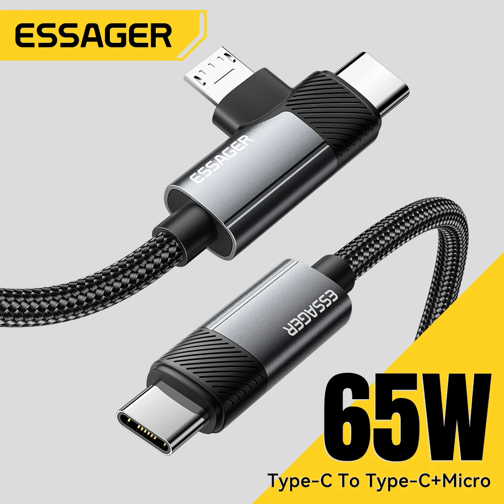 Cable Essager tipo C a tipo C 65W codo de 90 grados carga rápida para iPhone 16 Xiaomi USB C a Micro Cable de carga de juego