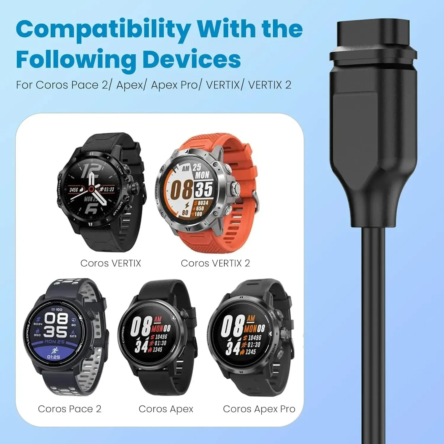 Cable cargador USB tipo C de 1M Compatible con reloj Coros Pace 2/Coros Pace 3/Coros Apex/Coros Apex Pro/Coros Vertix/Coros Vertix 2 - imagen 3