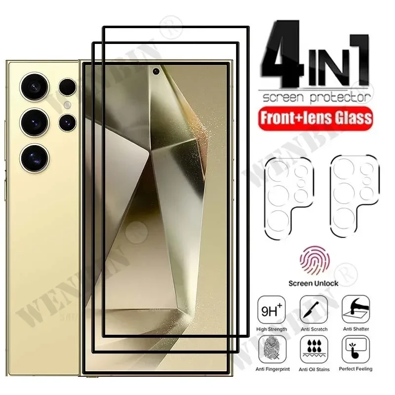 Protector de pantalla 4 en 1 para Samsung S26 S25 Ultra Plus S24 S23 FE A56 A55 A36 A16 5G 9HD, cristal protector completo + protector de lente