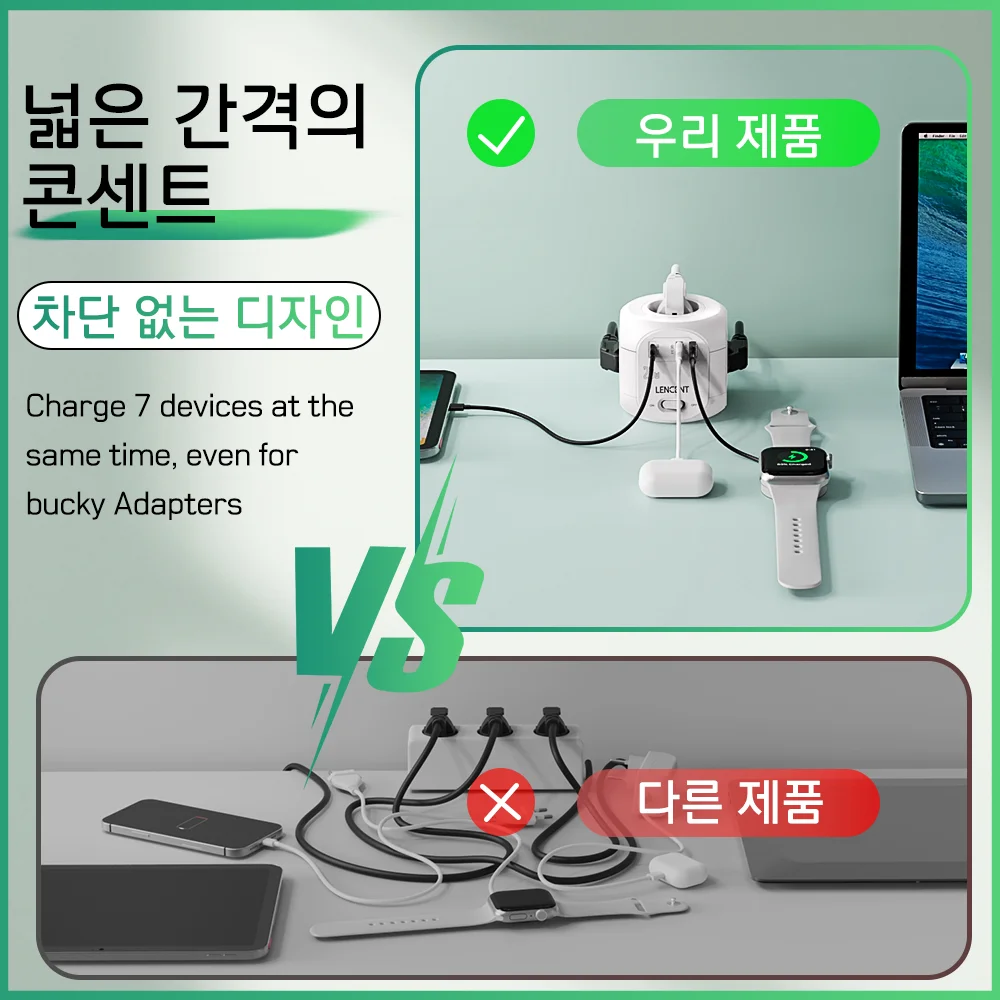 LENCENT-cubo de regleta plana con enchufe europeo, con 4 salidas de CA + 2 USB QC3.0 + 1 tipo C PD20W, Cable trenzado de carga rápida de 2M/3M para el hogar - imagen 3