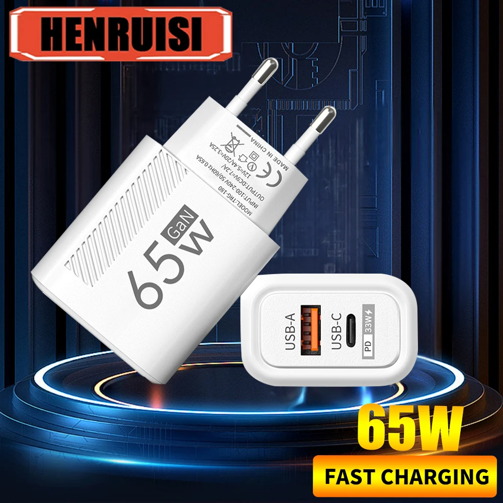 65W GaN USB C carga rápida tipo C PD enchufe UE/EE. UU. Adaptador de cargador de teléfono de pared portátil para iPhone 15 14 Pro Samsung Xiaomi