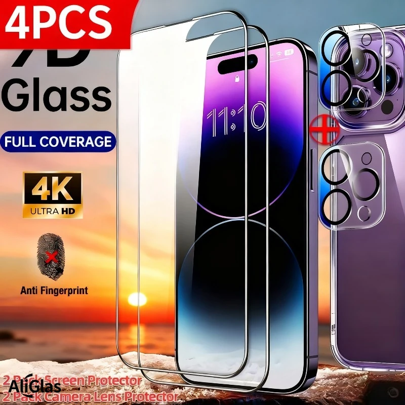 Protector de pantalla HD de cobertura completa, 2 uds., con 2 uds., Protector de lente de cámara para iPhone 17 16 15 14 13 12 11Pro Max 16 15 Plus 16e Air