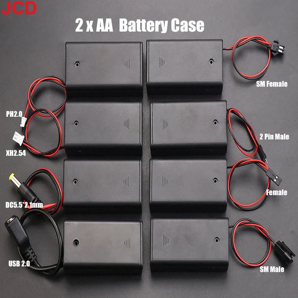 Caja de Baterías JCD AA con Conector PH2.0 XH2.54 SM USB DC 5.5x2.1mm, Cable de Terminal, Soporte para Baterías AA de 2 Ranuras con Interruptor