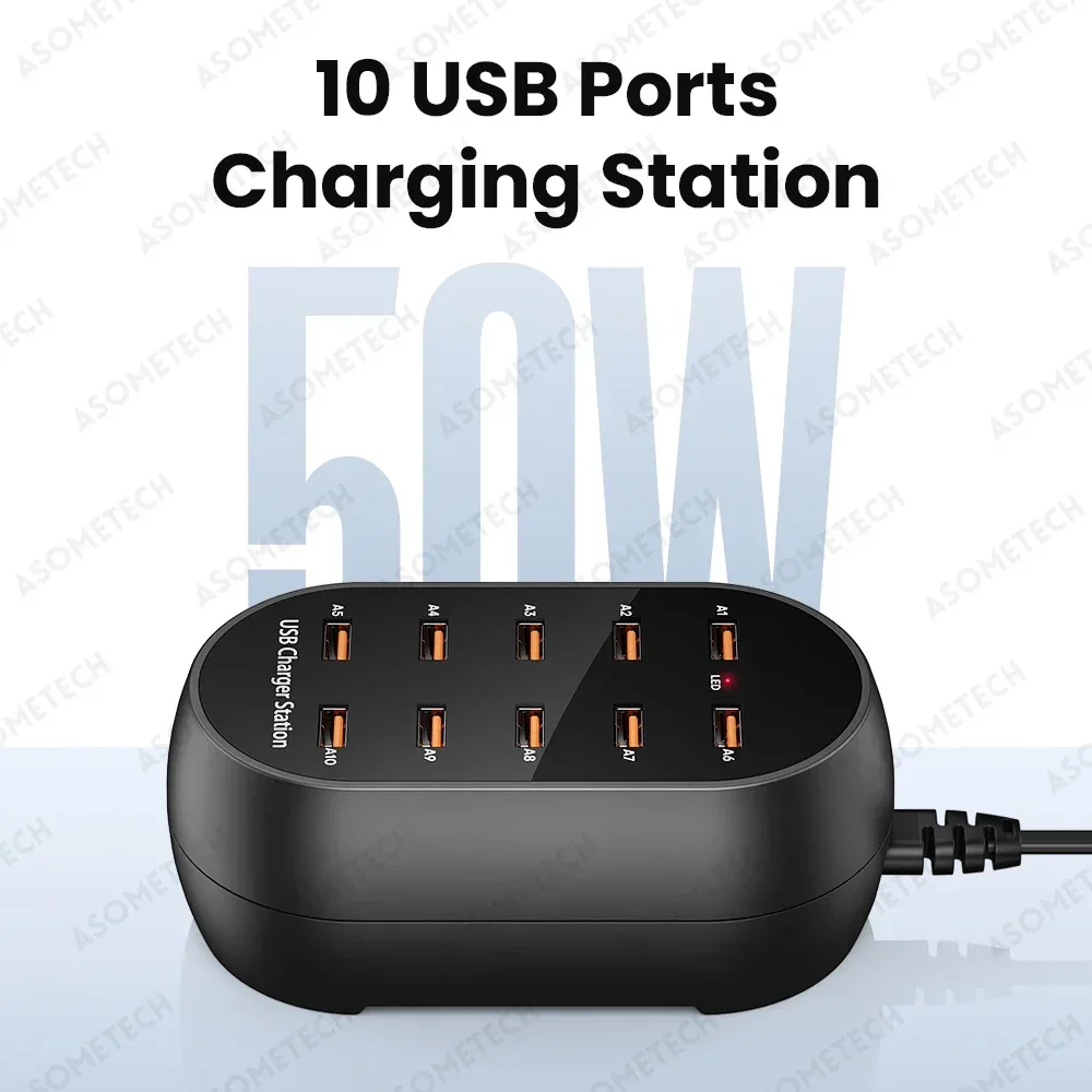 Estación de carga USB de 10 puertos, 50W, concentrador USB multipuerto, cargador de escritorio para Iphone 16 15 Pro, Samsung, tableta, Ipad, múltiples dispositivos - imagen 2