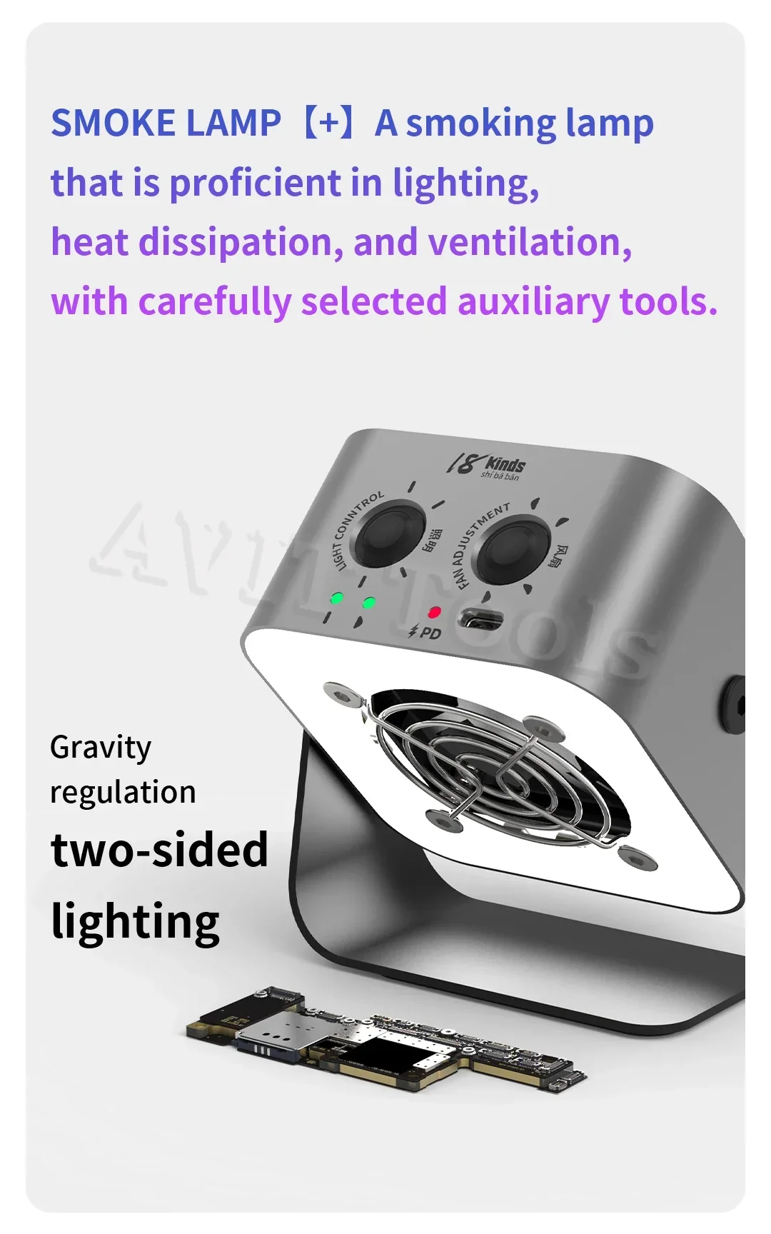 Lámpara de mantenimiento avanzada 3 en 1, 18 tipos, iluminación concentrada, ventilador de escape para fumar, reparación de placa base de teléfono y disipación de calor