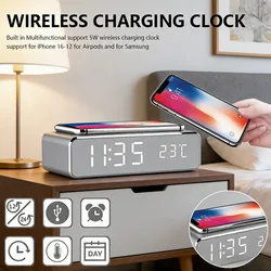 Cargador Inalámbrico, Reloj Despertador, Termómetro Digital LED, Cargador de Auriculares y Teléfono, Estación de Carga Rápida para iPhone y Samsung
