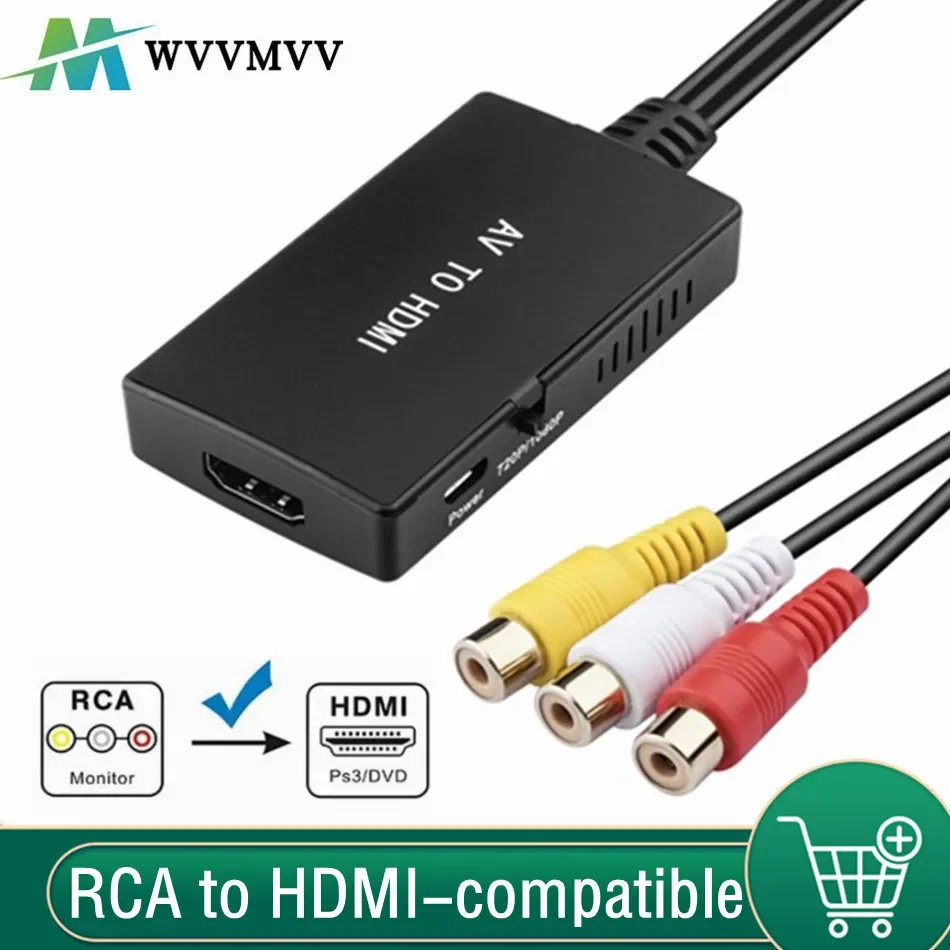 Adaptador compatible con RCA a HDMI, convertidor de Audio Vdieo compatible con AV2HDMI, compatible con 1080P/720P NTSC/PAL, Compatible con PS2, PS3, HDTV