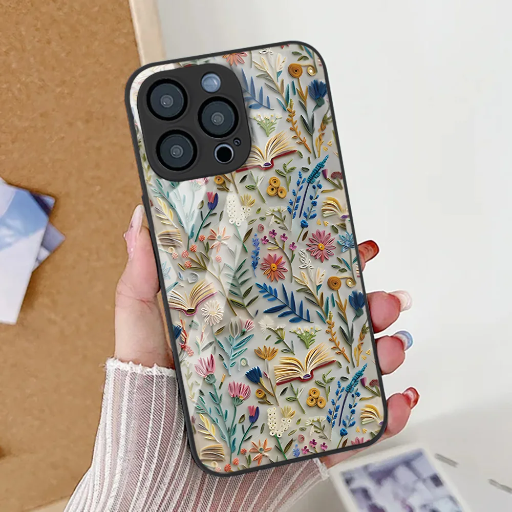 Funda de teléfono con hojas de flores para iPhone 17 Pro, funda de vidrio templado para iPhone 14 13 11 15 12 16 Pro Max 17 Air 16E SE 7 8 Plus XR - imagen 4