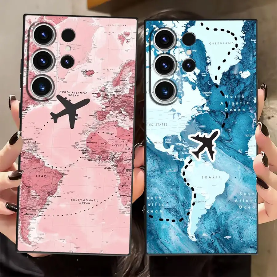Funda de teléfono suave negra para Samsung Galaxy S24 Plus S25 Edge S20 S21 FE S23 Ultra mapa de avión