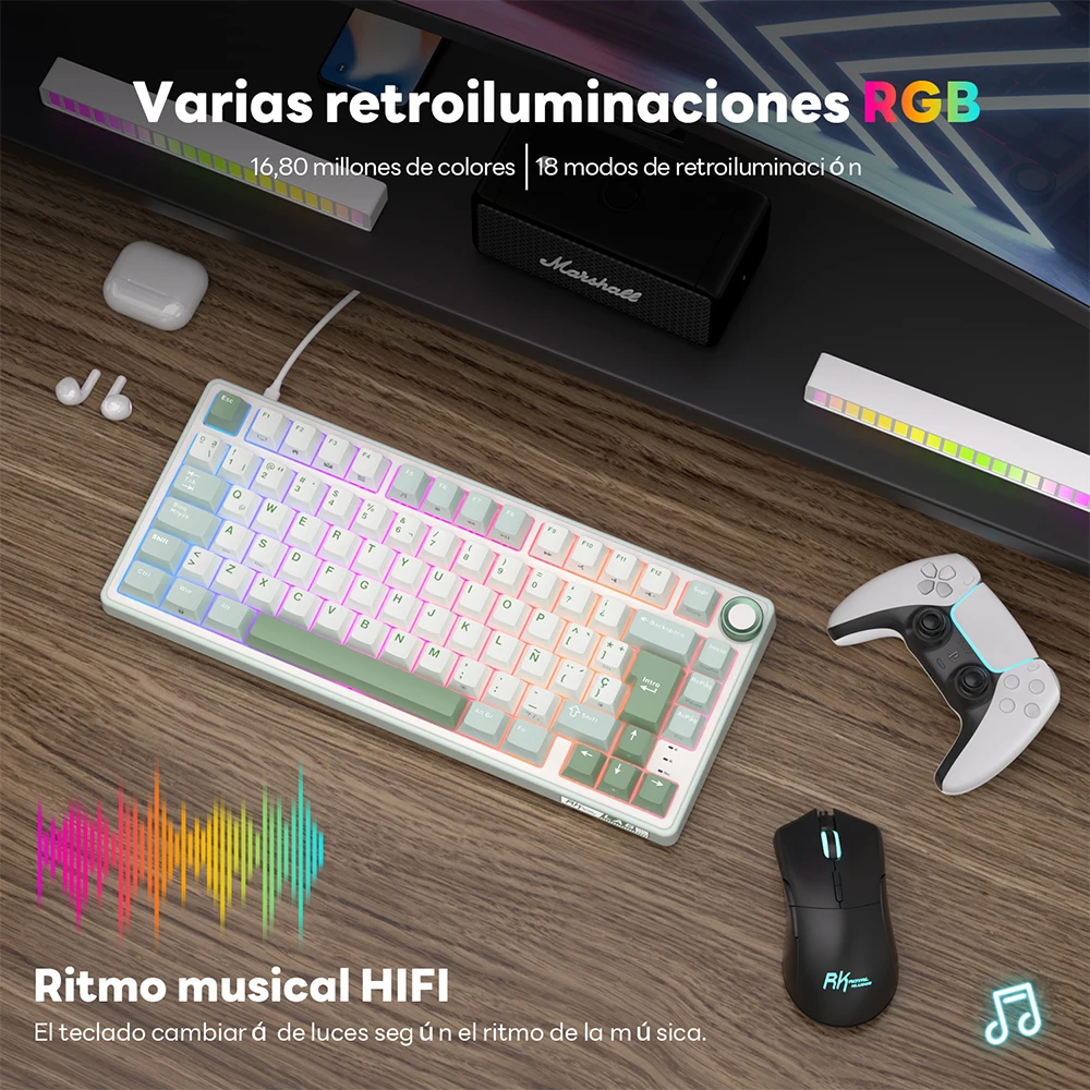 Teclado mecánico con cable RK Royal Kludge R75, 80 teclas, retroiluminado RGB, intercambiable en caliente, teclado para jugadores español, teclas MDA PBT - imagen 3
