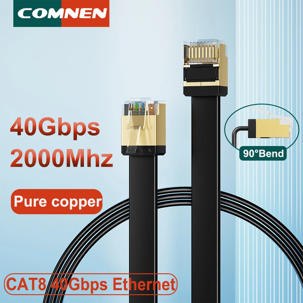 Cable Ethernet COMNEN Flat Cat 8, Cable Lan de red RJ45 de 40Gbps para PC, módem, portátil, enrutador PS5, Cable de enlace de datos de alta velocidad CAT6