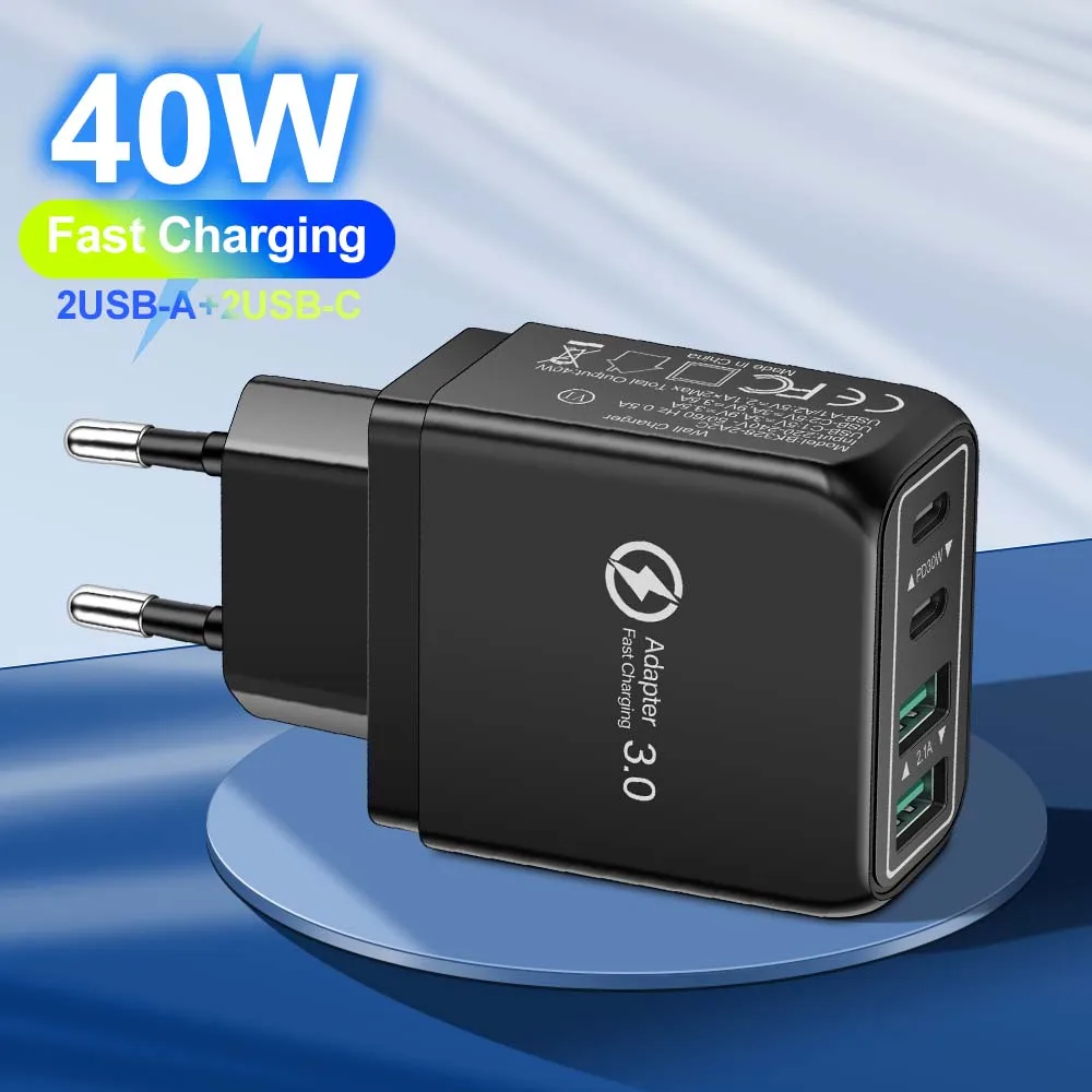 Cargador de teléfono USB C de 40W, adaptador de corriente para teléfono móvil, cargador rápido 3,0 para iPhone, Samsung, Xiaomi, enchufe UE/EE. UU./Reino Unido, carga de pared