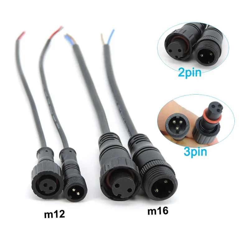 M12 M16 2 Cable de núcleo de 3 pines DC macho hembra Jack tuerca IP65 Cable impermeable conector de fuente de alimentación enchufe para tira de LED al aire libre