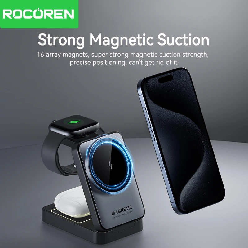 Rocoren-soporte de carga inalámbrico plegable 3 en 1, estación de carga rápida magnética portátil para iPhone 15 14 13, reloj y auriculares - imagen 2