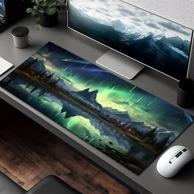 Alfombrilla de ratón grande con luces del norte y lluvia de meteoritos, alfombrilla de escritorio de montañas occidentales, decoración de oficina, alfombrilla de ratón XXL, accesorios para juegos para jugadores - imagen 2