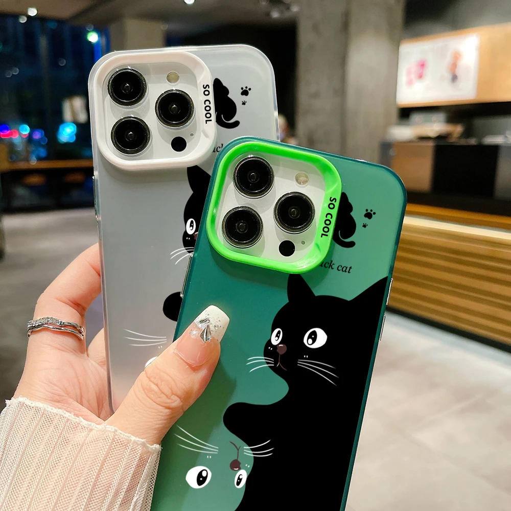 Funda de teléfono con correa de cordón de gato negro de dibujos animados para Samsung Galaxy A13 A23 A15 A35 A55 S24 S23 S22 S21 Ultra Plus S20 FE cubierta dura - imagen 3