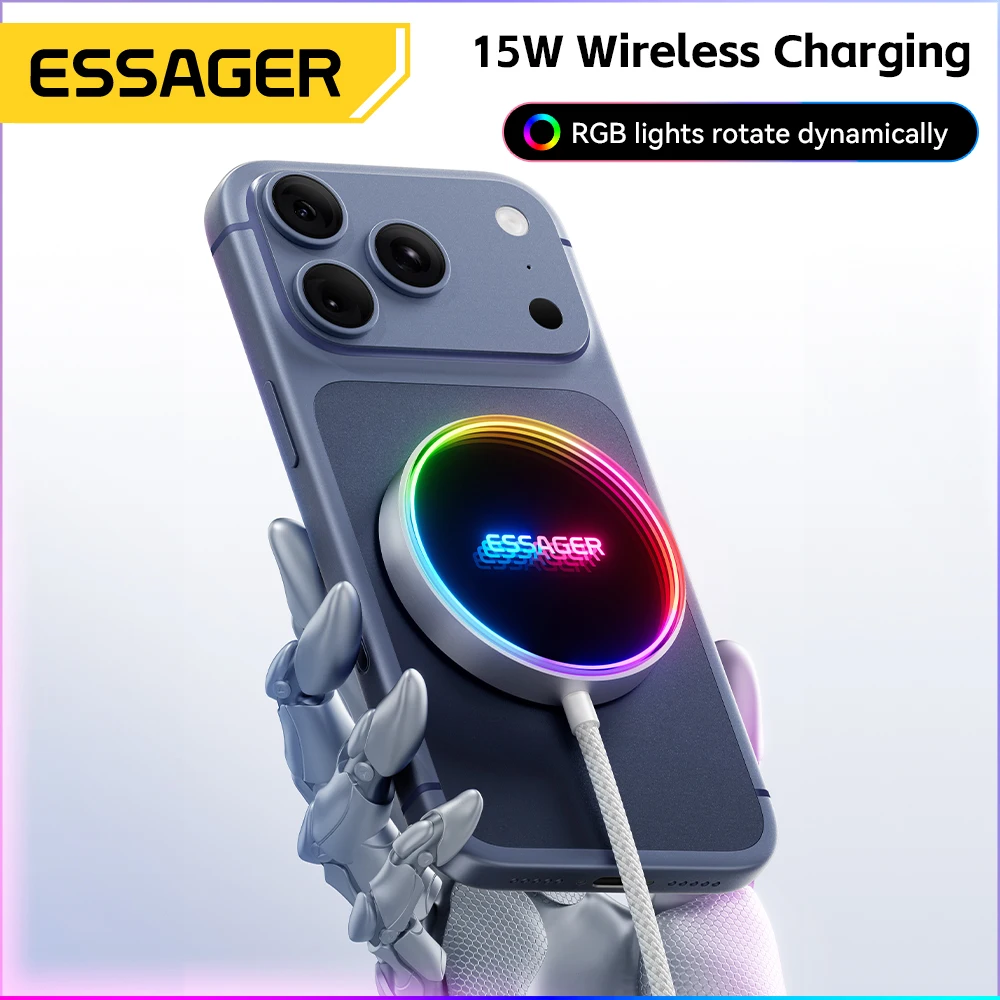 ESSAGER-cargador inalámbrico magnético de 15W, cargador de teléfono de carga rápida RGB para iPhone 16, 15, 14, 13 Pro, base de carga de teléfono Macsafe - imagen 2