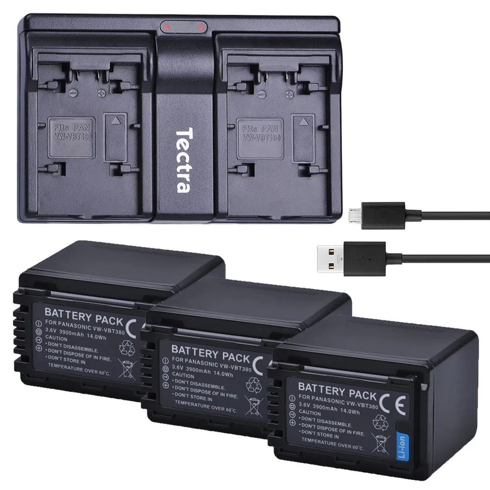 Tectra-Batería de cámara VW VBT380, Cargador USB de doble canal para Panasonic VW-VBT380, HC-V380, HC-V110, HC-V130, HC-V160, 3 uds.