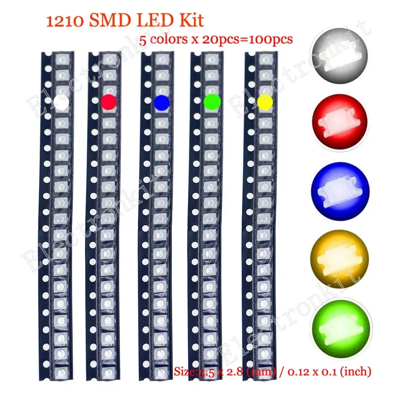 100 unids/lote SMD LED kit surtido 0402 0603 0805 1206 1210 5730 5050 rojo verde azul blanco amarillo conjunto de diodos led de 5 colores cada 20 - imagen 5