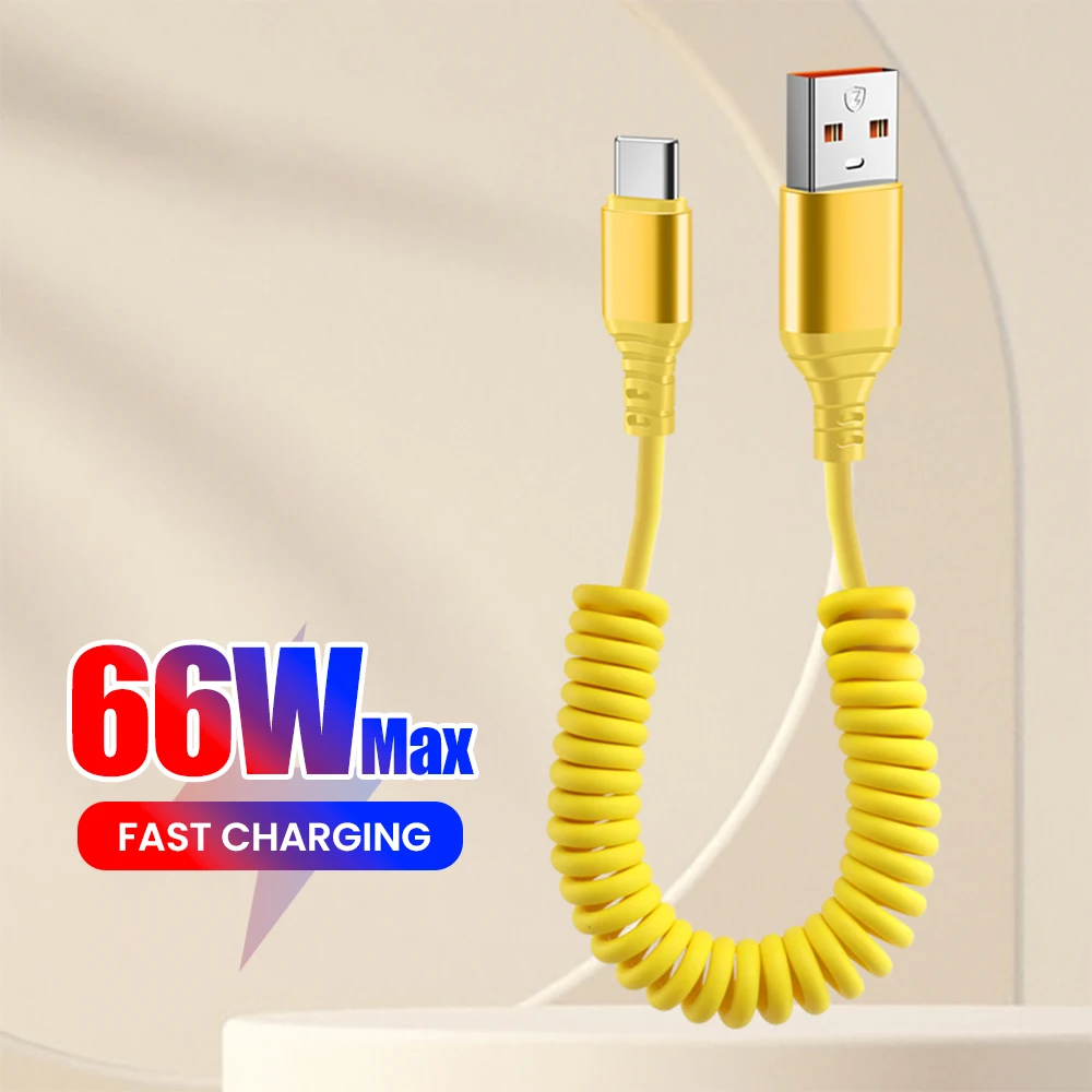 Cable de datos de carga súper rápida para teléfono móvil USB/tipo-c a tipo c de 66W para iPhone15/16 Huawei Xiaomi cable de carga de resorte para coche