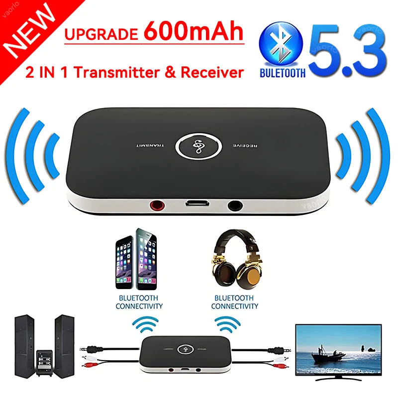 Receptor y transmisor de Audio B6 2 en 1 con Bluetooth 5,3, conector AUX de 3,5mm, RCA, USB, Dongle, adaptador inalámbrico de música para coche, PC, TV, auriculares