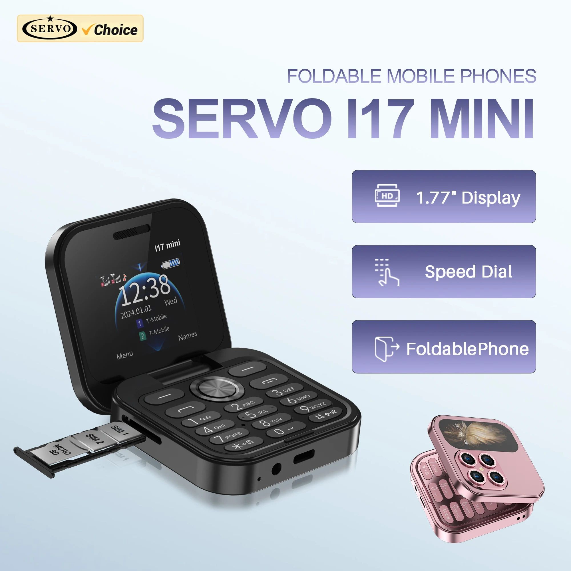 SERVO i17 Mini teléfono móvil con tapa pequeña, 2 SIM en espera, voz mágica, Radio FM, linterna, lista negra, teléfono plegable cuadrado pequeño de 1,77 pulgadas