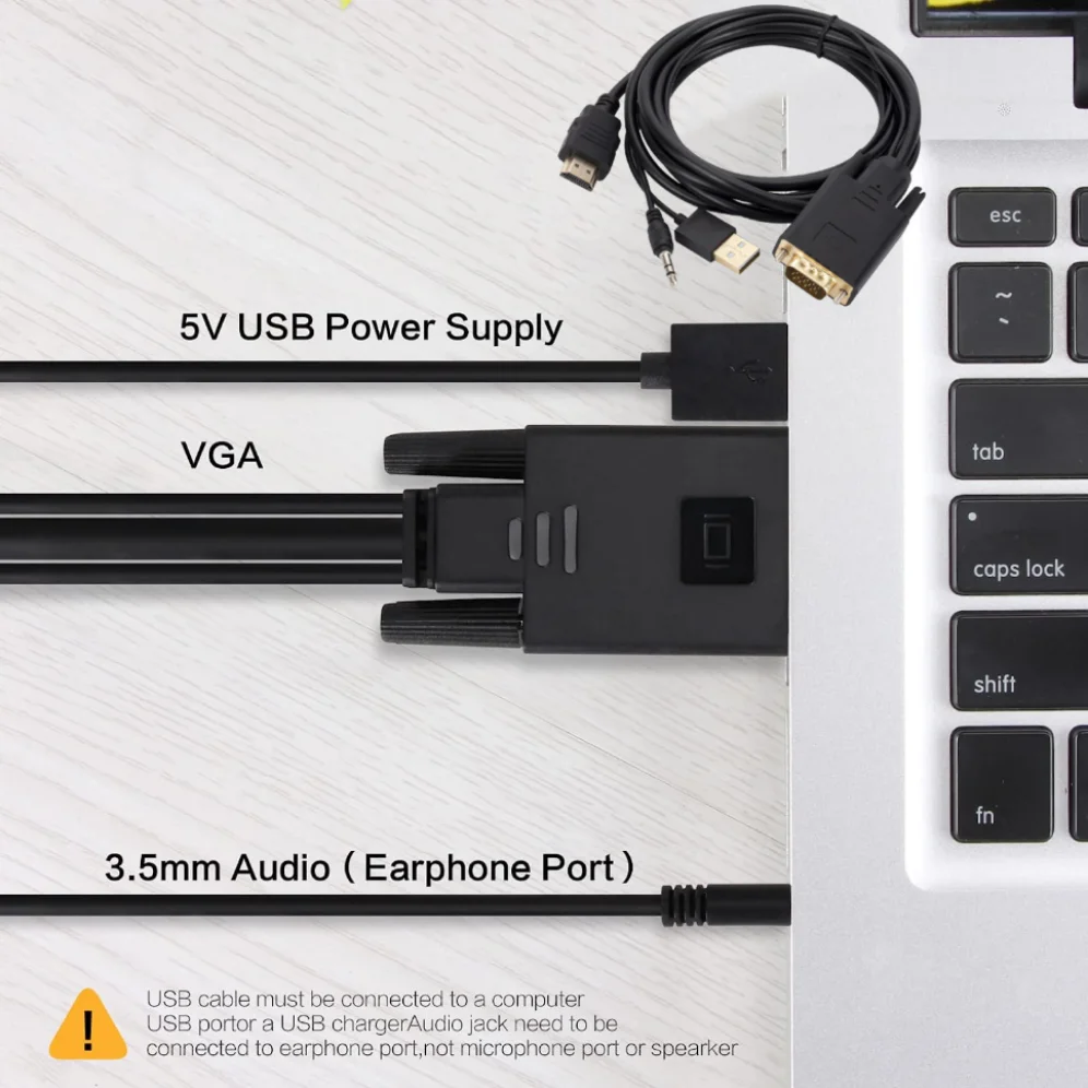 Convertidor de Cable VGA a HDMI de 1,8 M, fuente de alimentación USB de Audio de 3,5mm, Cable VGA a HDMI de 1080P para PC, TV Box y proyector - imagen 4