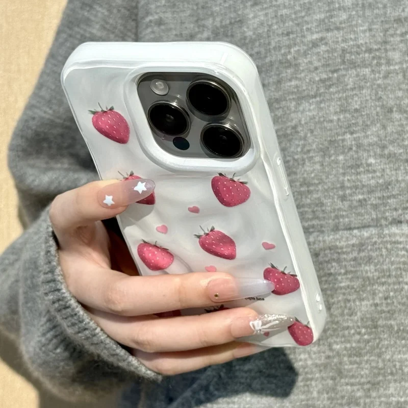 Fundas de teléfono con textura de fresa rosa para IPhone 16 Pro 15 13 12 11 14 Pro Max, funda protectora a prueba de golpes para chica encantadora, verano - imagen 3