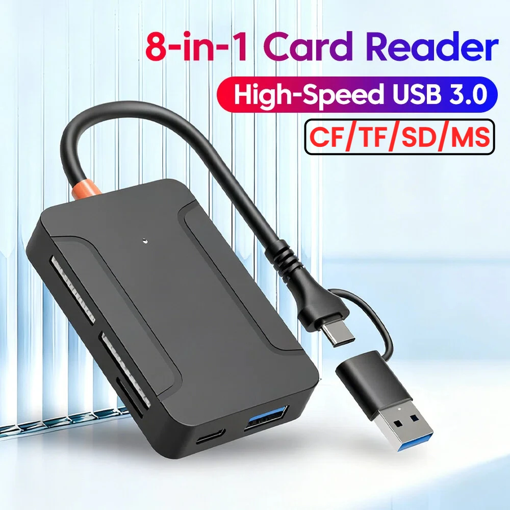 Lector de tarjetas multifuncional USB3.0 8 en 2, adaptador de tarjeta de memoria USB/tipo C a SD/TF/CF/MS para PC, portátil, adaptador de tarjeta Flash de disco U