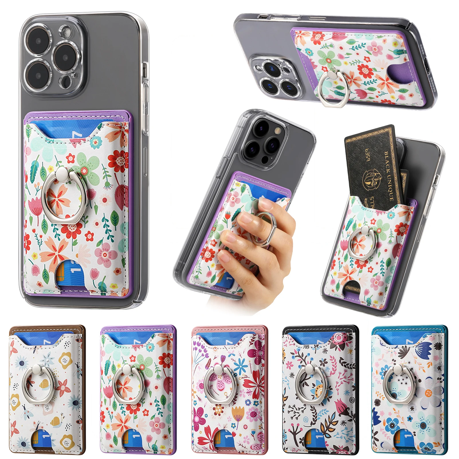 Anillo magnético para dedo, bolso de cuero para tarjetas de teléfono móvil, pegatina trasera adhesiva, soporte Universal para teléfono, monedero de bolsillo Vertical - imagen 2