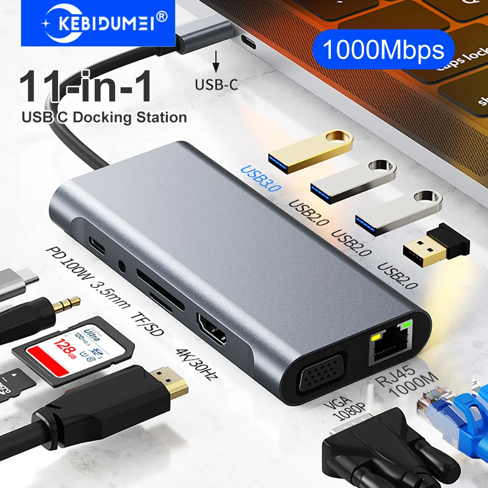 Estación de acoplamiento USB C 11 en 1, concentrador USB tipo C, divisor USB C, adaptador HDMI 4K/1000Mpbs Lan/5Gbps USB 3,0 Hub para PC y portátil