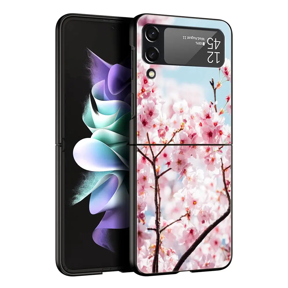 Funda de teléfono para Samsung Galaxy Z Flip 3, 4, 5, PC plegable negro duro para Samsung Z Flip3, carcasa protectora, árbol de flor de cerezo - imagen 5