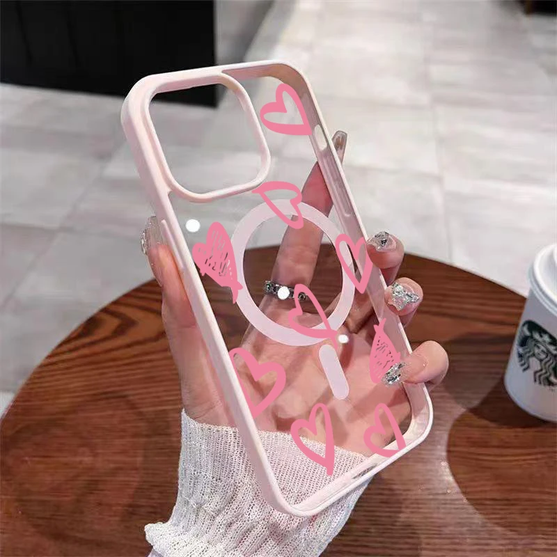 Funda de carga inalámbrica magnética Magsafe con lazo de corazón rosa para iPhone 16 17 Pro 16e 15 13 11 12 14 Pro Max Plus cubierta a prueba de golpes - imagen 2