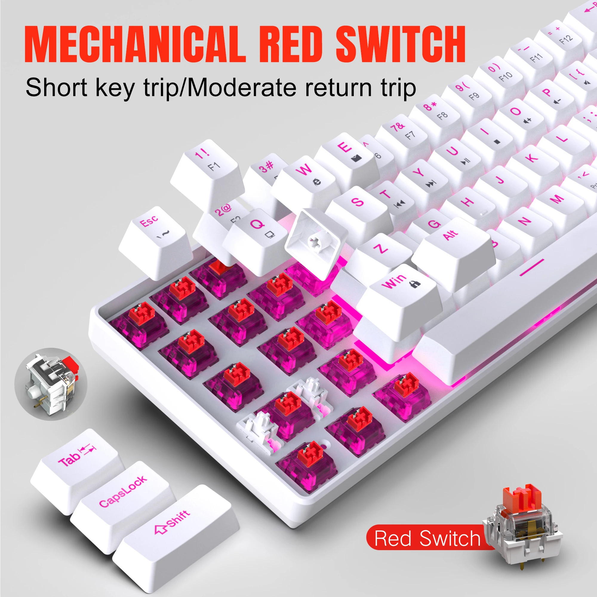 Teclado mecánico ergonómico de 68 teclas, luz Rosa RGB, retroiluminado, LED, interruptor rojo intercambiable en caliente, teclado para juegos para PC, portátil y oficina - imagen 4