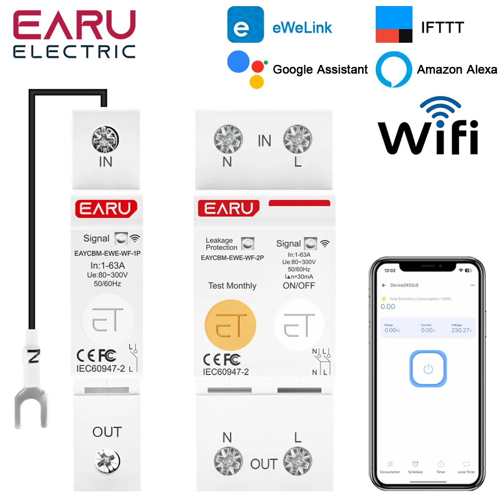 EWeLink WiFi MCB disyuntor inteligente 1P 2P 63A interruptor temporizador de medición de energía relé kWh Protector de corriente de voltaje control remoto