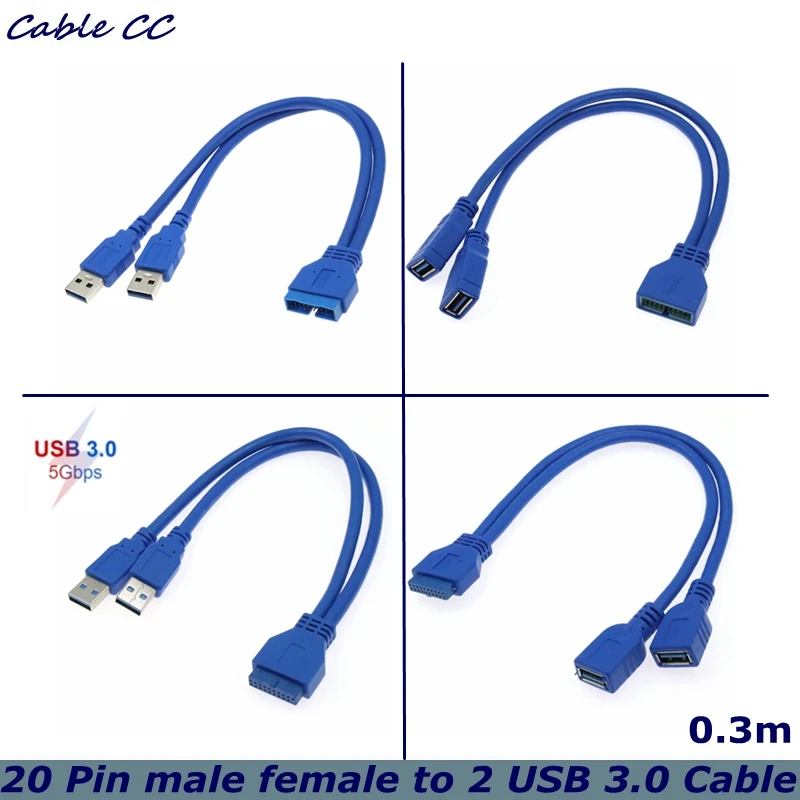 USB 3.0 Macho Hembra Placa Base 20 Pines Alta Velocidad 5Gbps 2 Puertos Cables Panel Frontal Chasis Ordenador - Vista principal del producto