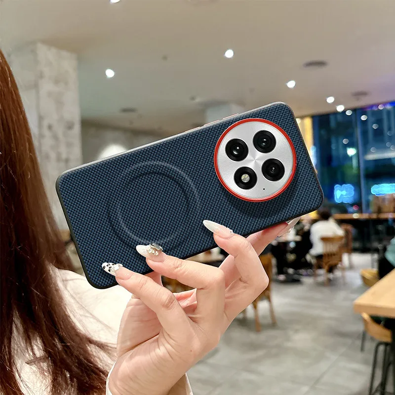 Para OnePlus 13 funda magnética ELVEV antihuellas anticaída dura PC tejido PU funda de teléfono de succión de cuero