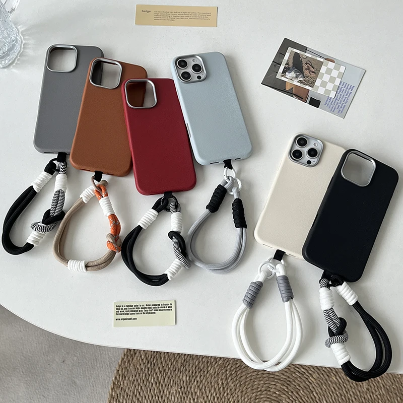 Funda de teléfono de cuero mate de lujo con cordón, cubierta protectora de lente para iPhone 16, 15, 14 Plus, 13, 12, 11 Pro Max, X, XS Max, XR, 7, 8, SE2 - imagen 3