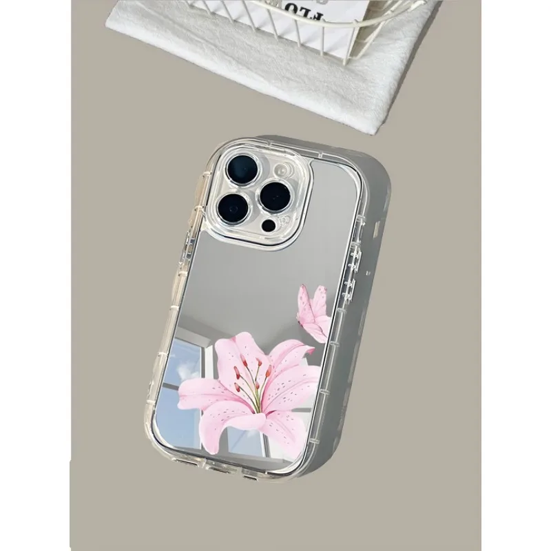 Ins-funda de teléfono con espejo rosa, fresca y elegante, para iPhone 17AIR 11 12 13 14 15 16 17Pro Max Plus, anillo de lente anticaída