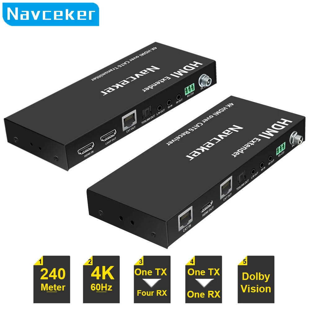 El mejor extensor HDMI 4K 60Hz con IR 60m 2023 m 4K HDMI HDR POC extensor sobre RJ45 Cat5e Cat6 Cable compatible con HDMI 120 y HDCP 2,2 2,0